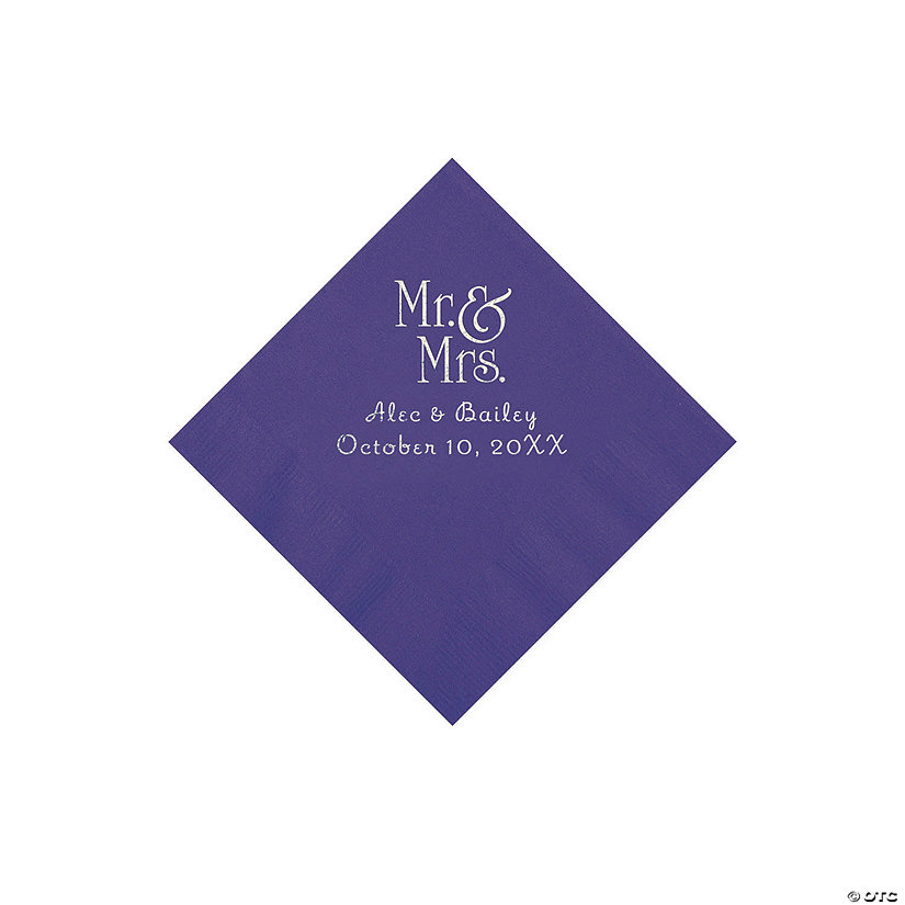 Purple Mr. & Mrs. Personalized Napkins with Silver Foil - 50 Pc. Beverage Image