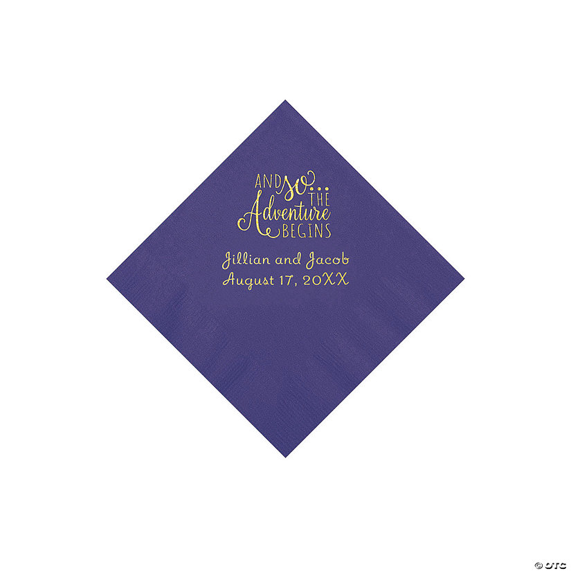 Purple The Adventure Begins Personalized Napkins with Gold Foil - Beverage Image Thumbnail