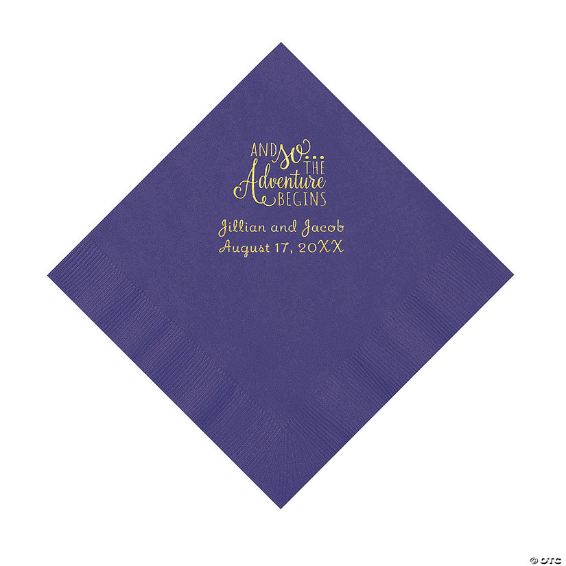 Purple The Adventure Begins Personalized Napkins with Gold Foil - Luncheon Image Thumbnail