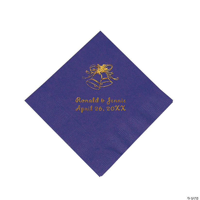 Purple Wedding Bells Personalized Napkins with Gold Foil - Beverage Image Thumbnail