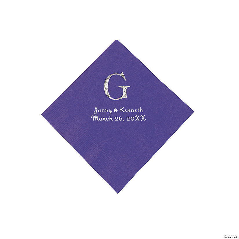 Purple Wedding Monogram Personalized Napkins with Silver Foil - Beverage Image Thumbnail