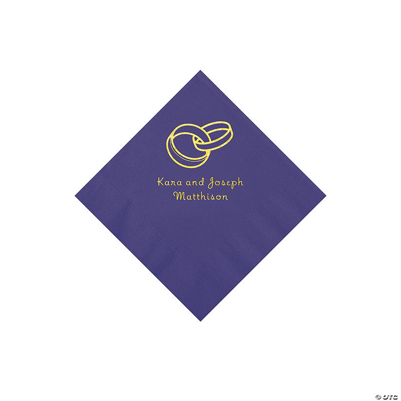 Purple Wedding Ring Personalized Napkins with Gold Foil - 50 Pc. Beverage Image