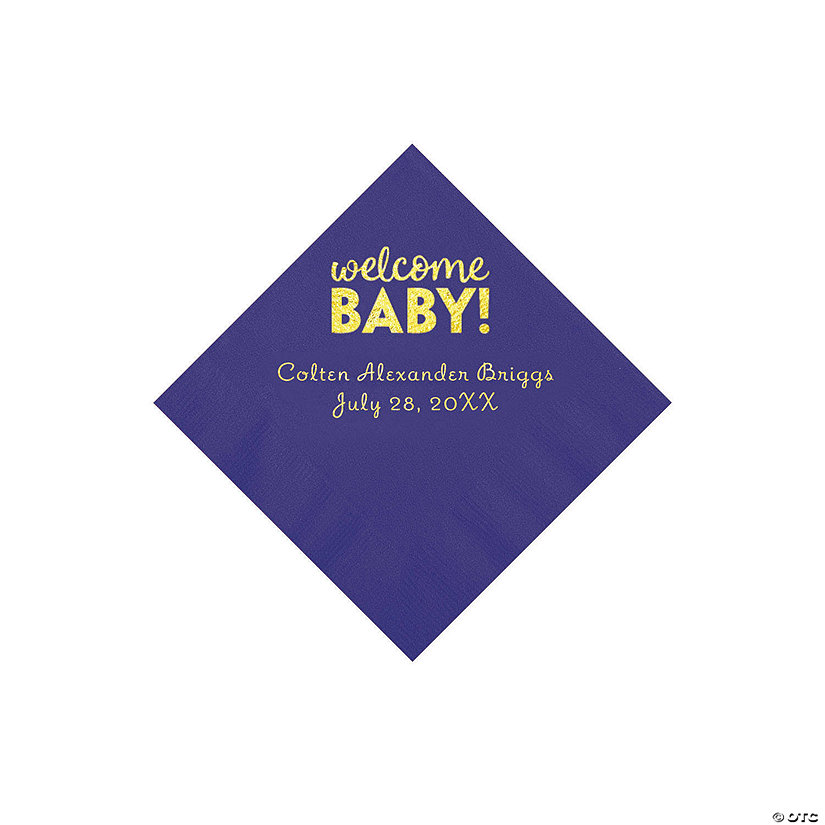 Purple Welcome Baby Personalized Napkins with Gold Foil - 50 Pc. Beverage Image