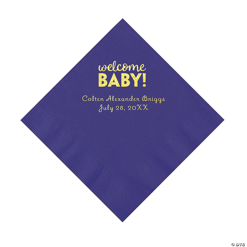 Purple Welcome Baby Personalized Napkins with Gold Foil - 50 Pc. Luncheon Image