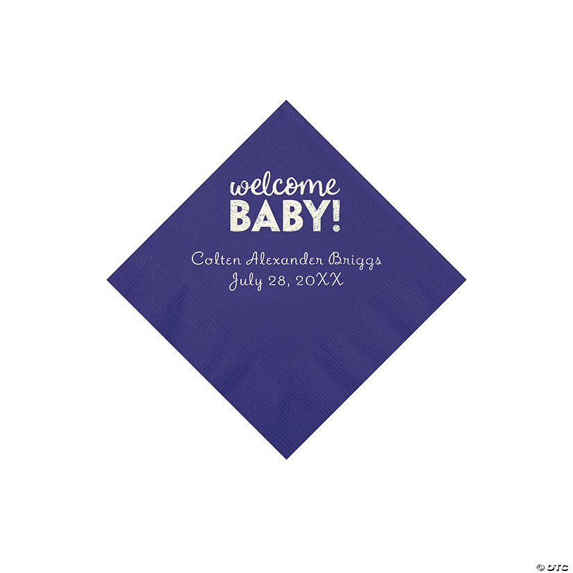 Purple Welcome Baby Personalized Napkins with Silver Foil - 50 Pc. Beverage Image Thumbnail