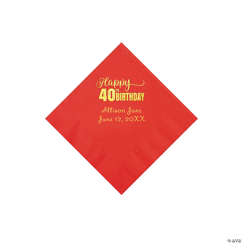 Red 40th Birthday Personalized Napkins with Gold Foil - 50 Pc. Beverage Image