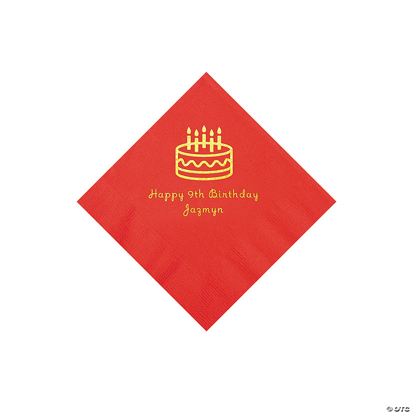 Red Birthday Cake Personalized Napkins with Gold Foil - 50 Pc. Beverage Image