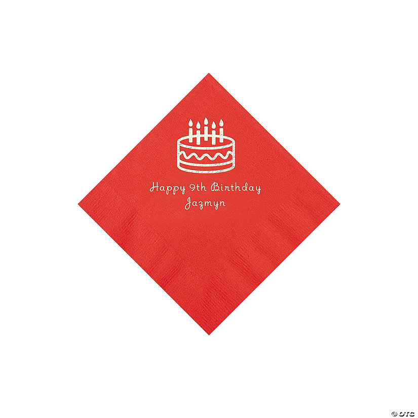 Red Birthday Cake Personalized Napkins with Silver Foil - 50 Pc. Beverage Image Thumbnail