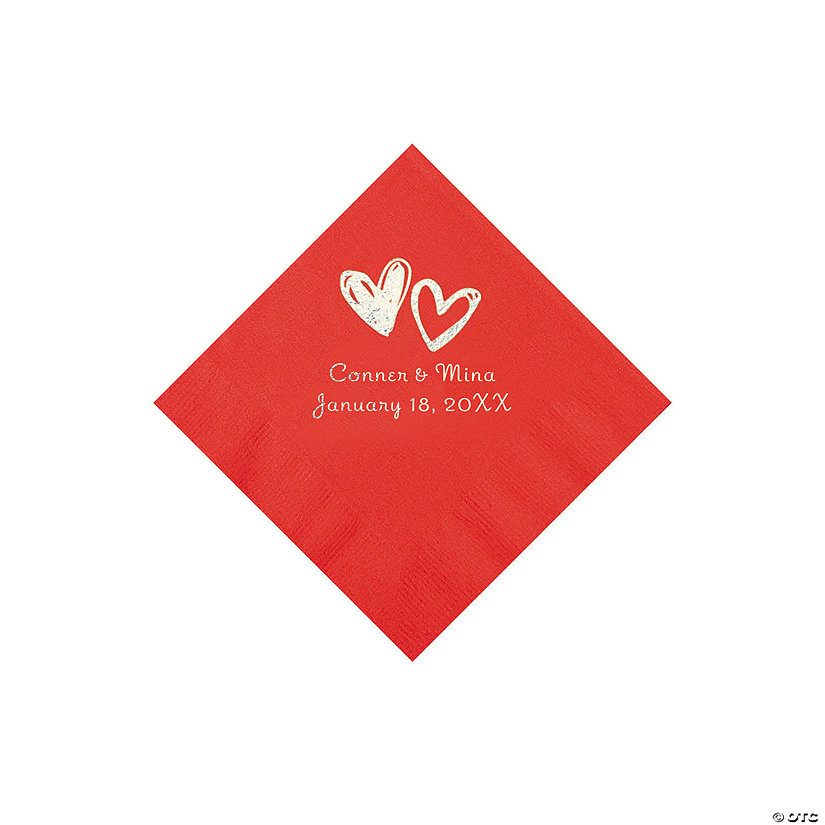 Red Hearts Personalized Napkins with Silver Foil - Beverage Image