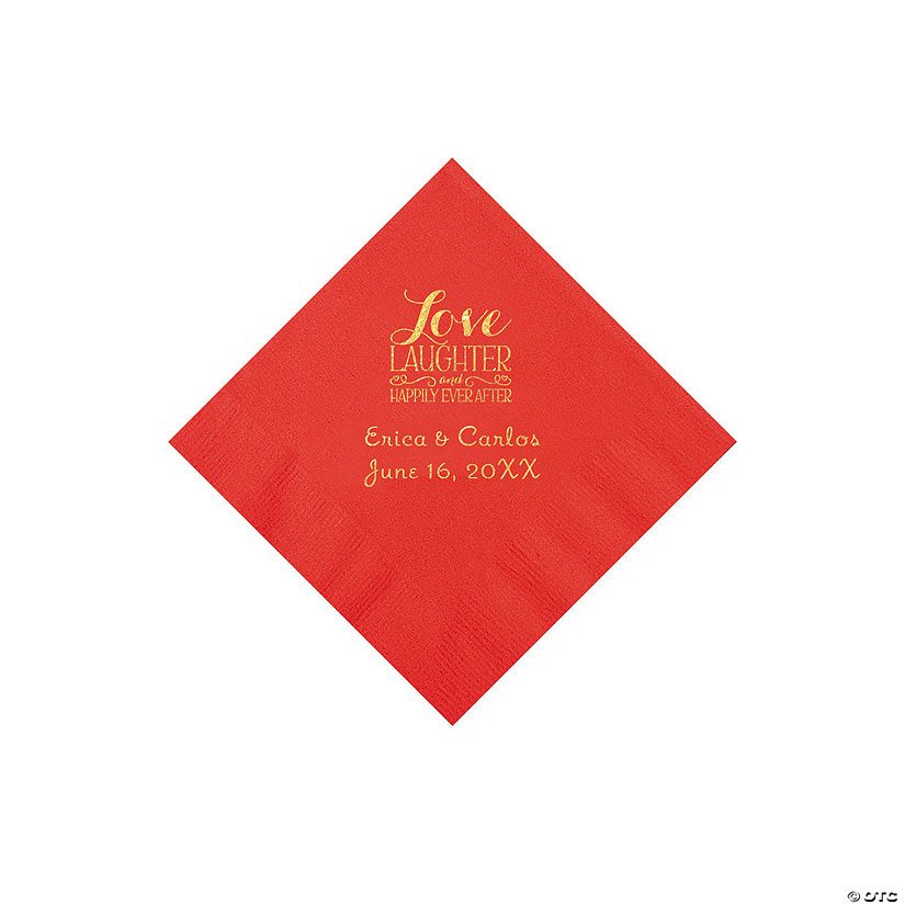 Red Love Laughter & Happily Ever After Personalized Napkins with Gold Foil - Beverage Image Thumbnail