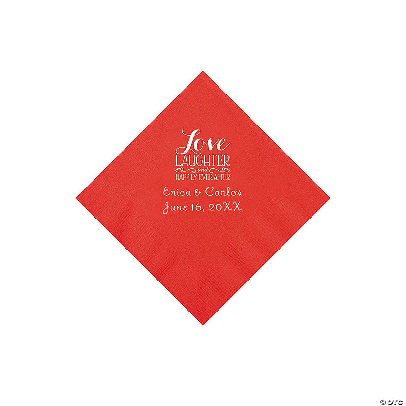 Red Love Laughter & Happily Ever After Personalized Napkins with Silver Foil &#8211; Beverage Image Thumbnail