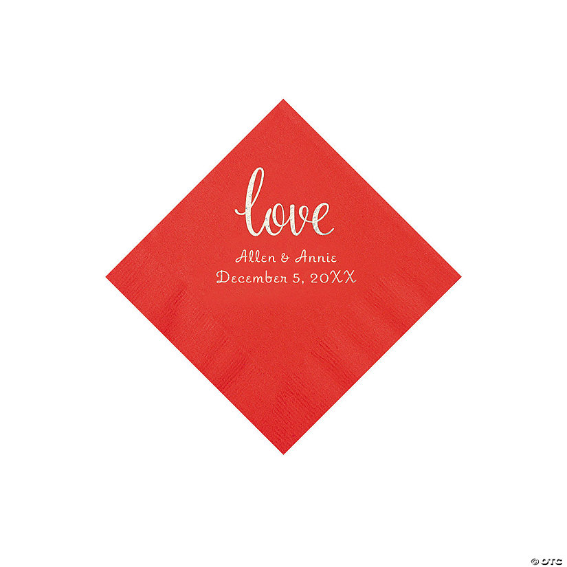 Red Love Script Personalized Napkins with Silver Foil - Beverage Image