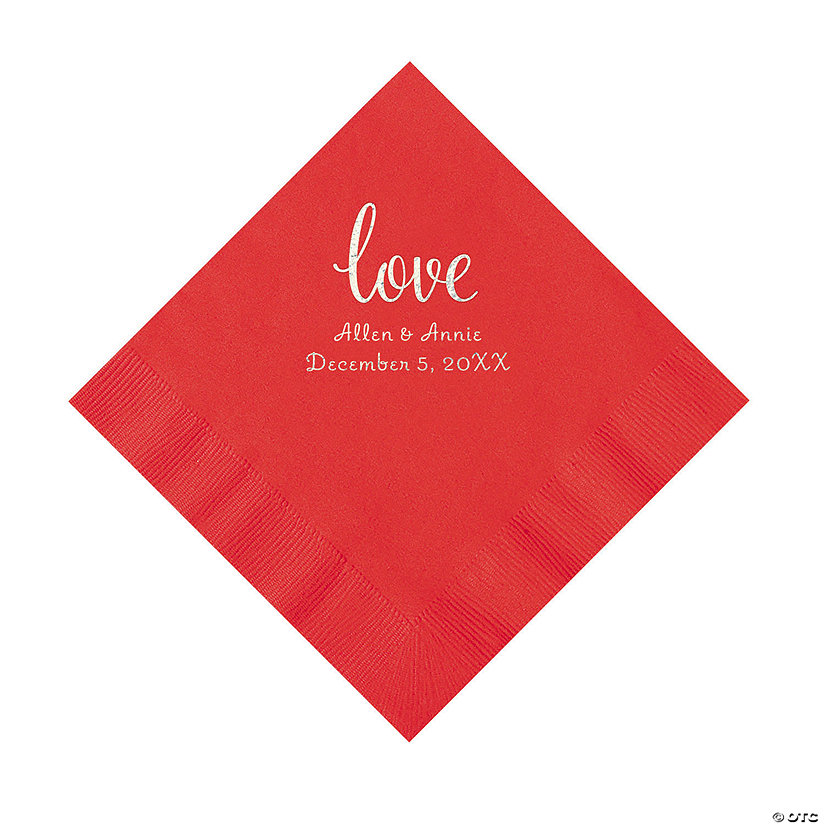 Red Love Script Personalized Napkins with Silver Foil - Luncheon Image