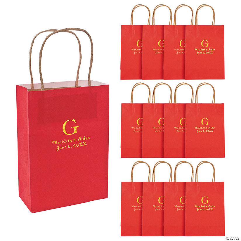 Red Medium Personalized Monogram Welcome Paper Gift Bags with Gold Foil - 12 Pc. Image