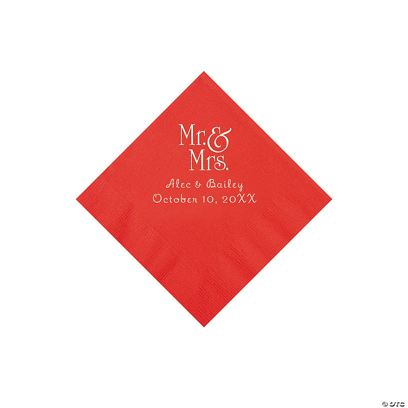 Red Mr. & Mrs. Personalized Napkins with Silver Foil - 50 Pc. Beverage Image