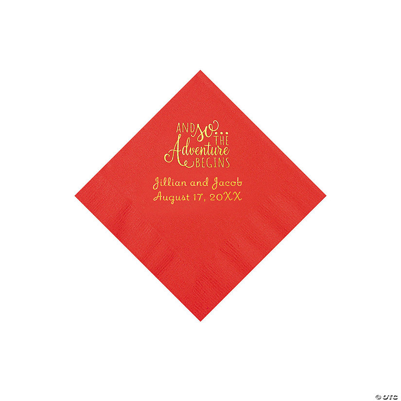 Red The Adventure Begins Personalized Napkins with Gold Foil - Beverage Image Thumbnail