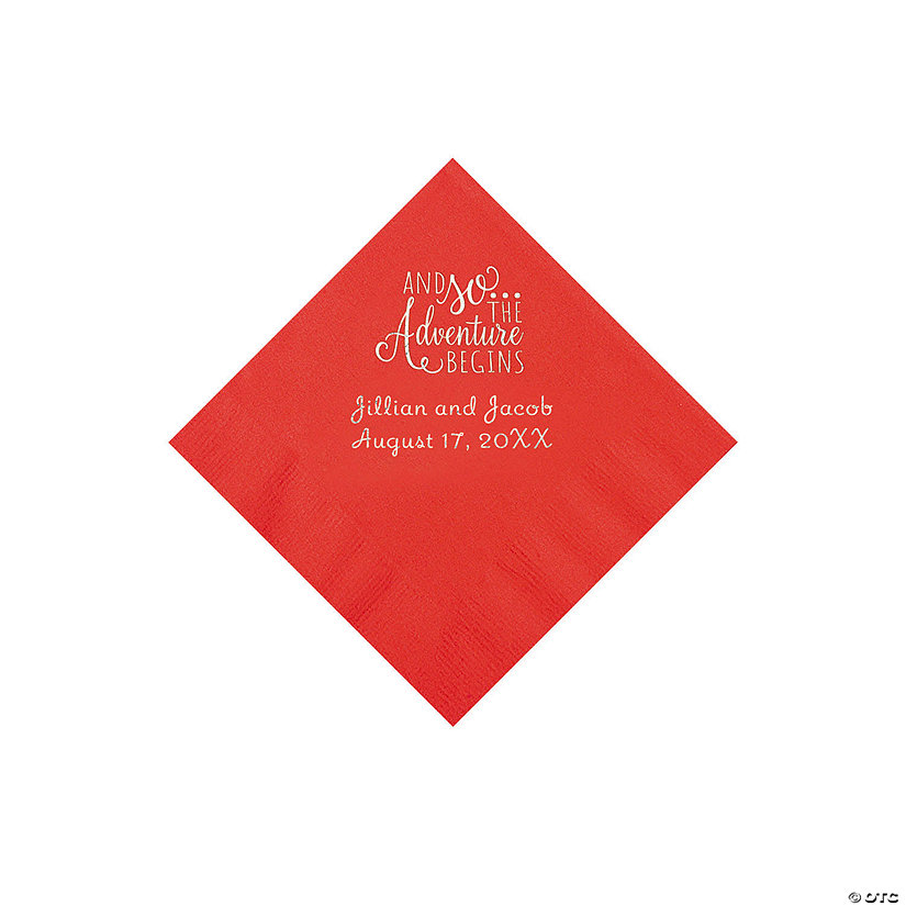Red The Adventure Begins Personalized Napkins with Silver Foil - Beverage Image Thumbnail