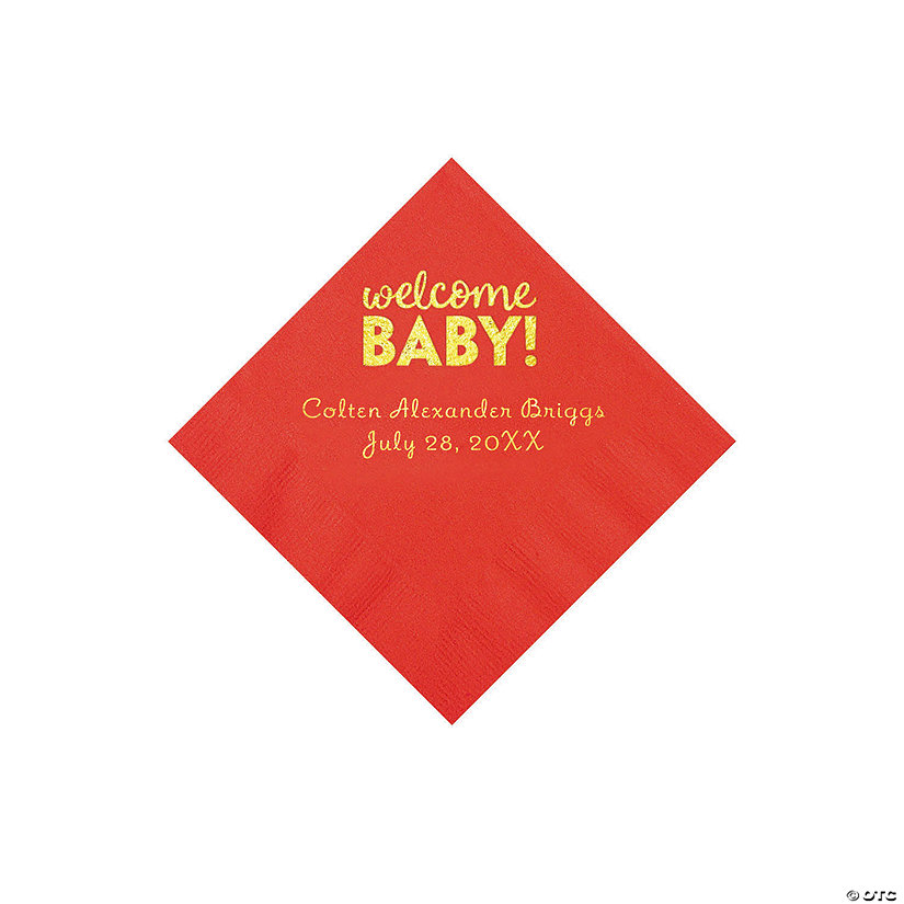Red Welcome Baby Personalized Napkins with Gold Foil - 50 Pc. Beverage Image Thumbnail