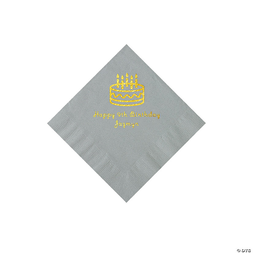 Silver Birthday Cake Personalized Napkins with Gold Foil - 50 Pc. Beverage Image