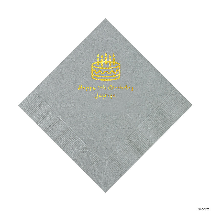 Silver Birthday Cake Personalized Napkins with Gold Foil - 50 Pc. Luncheon Image