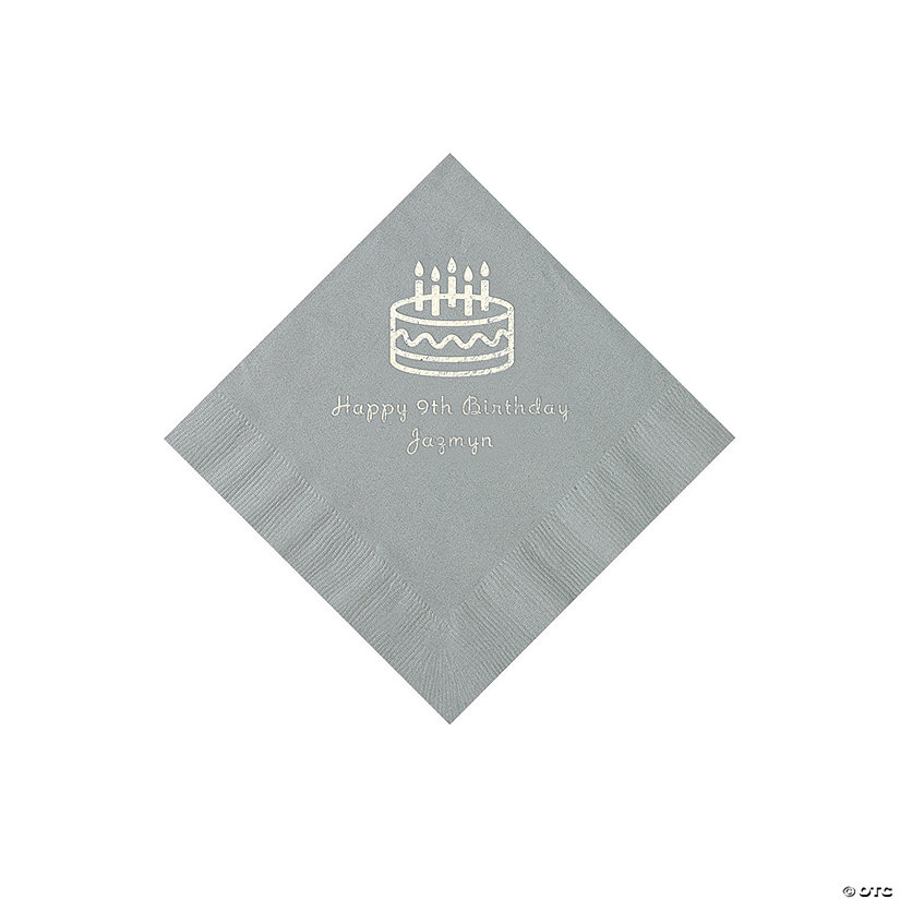 Silver Birthday Cake Personalized Napkins with Silver Foil - 50 Pc. Beverage Image