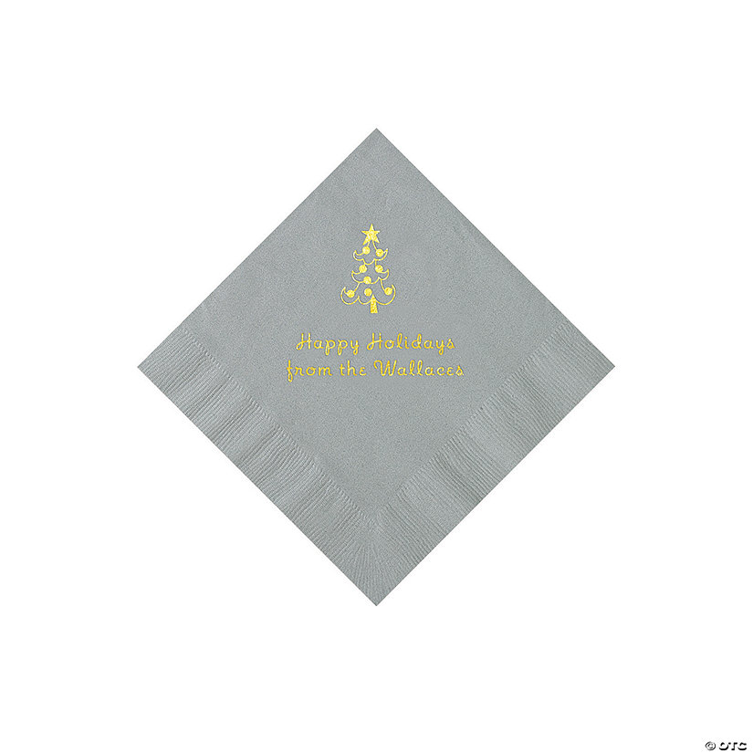 Silver Christmas Tree Personalized Napkins with Gold Foil &#8211; Beverage Image Thumbnail