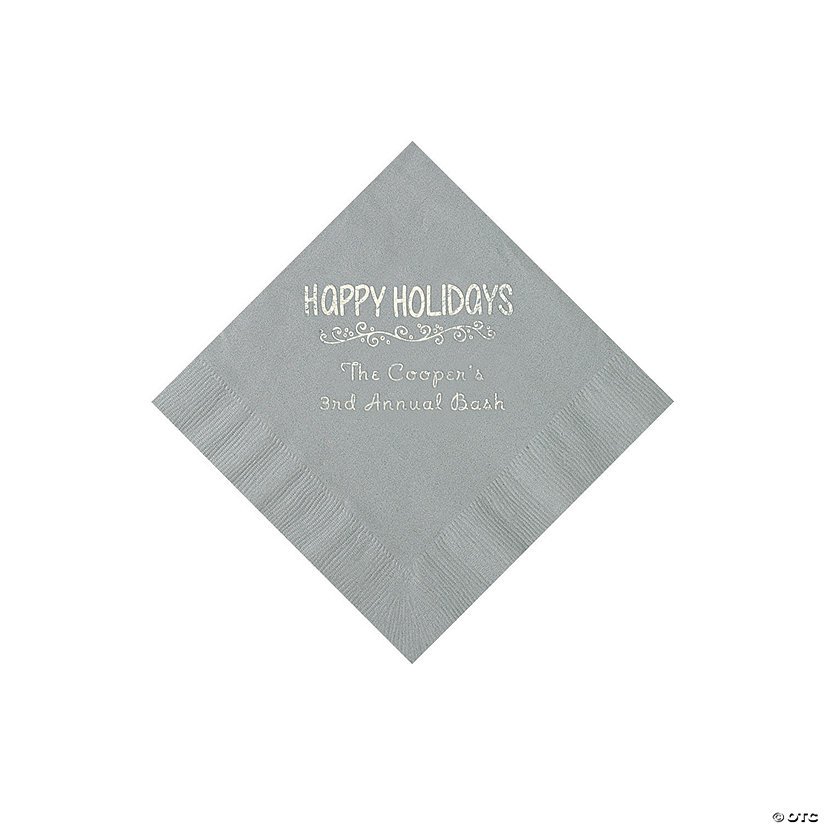 Silver Happy Holidays Personalized Napkins with Silver Foil &#8211; Beverage Image Thumbnail
