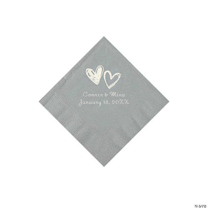Silver Hearts Personalized Napkins with Silver Foil - Beverage Image