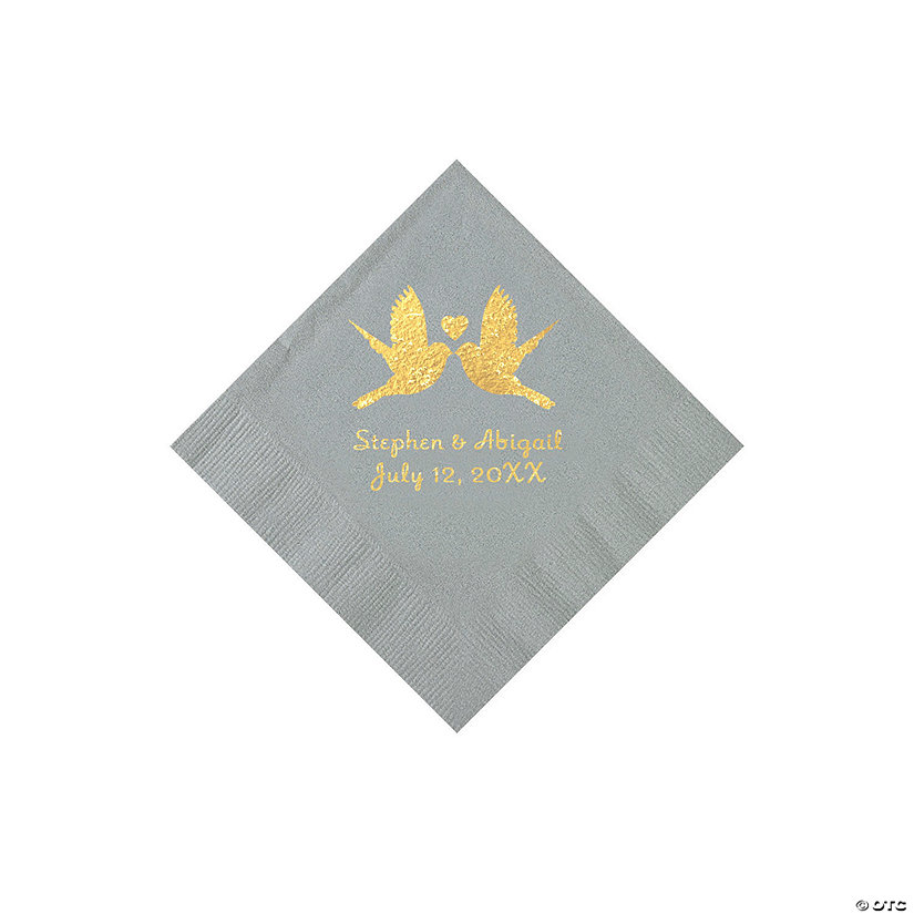 Silver Love Birds Personalized Napkins with Gold Foil &#8211; Beverage Image Thumbnail