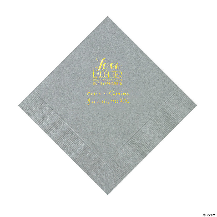 Silver Love Laughter & Happily Ever After Personalized Napkins with Gold Foil &#8211; Luncheon Image Thumbnail