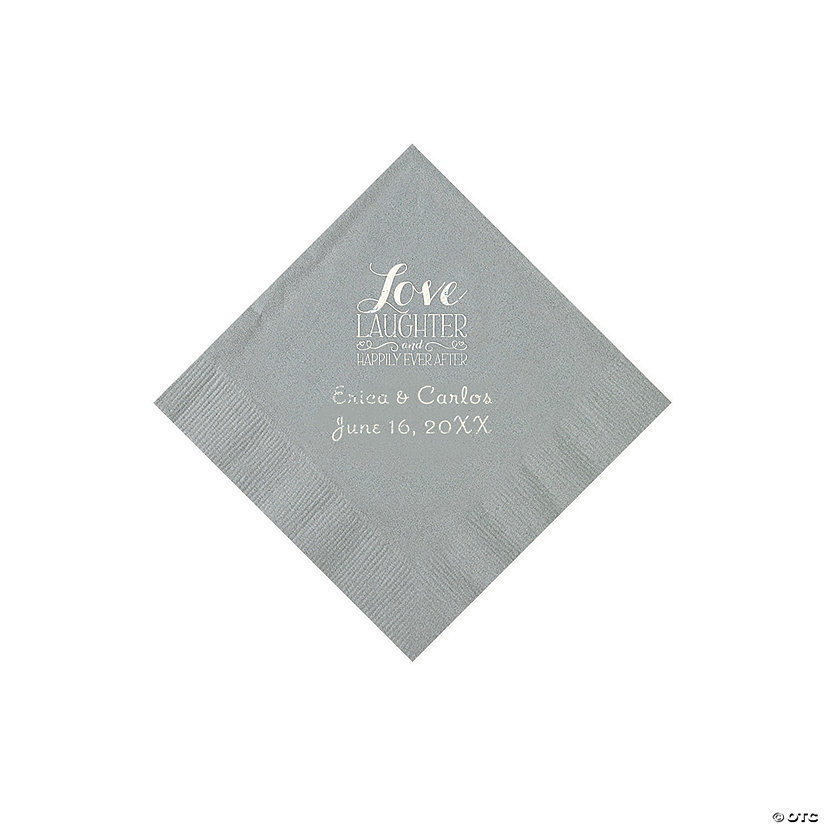 Silver Love Laughter & Happily Ever After Personalized Napkins with Silver Foil &#8211; Beverage Image Thumbnail