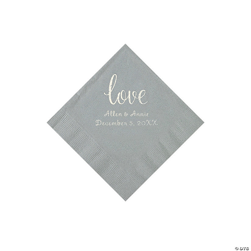 Silver Love Script Personalized Napkins with Silver Foil - Beverage Image