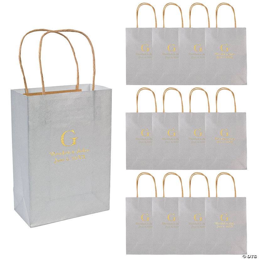 Silver Medium Personalized Monogram Welcome Paper Gift Bags with Gold Foil - 12 Pc. Image Thumbnail