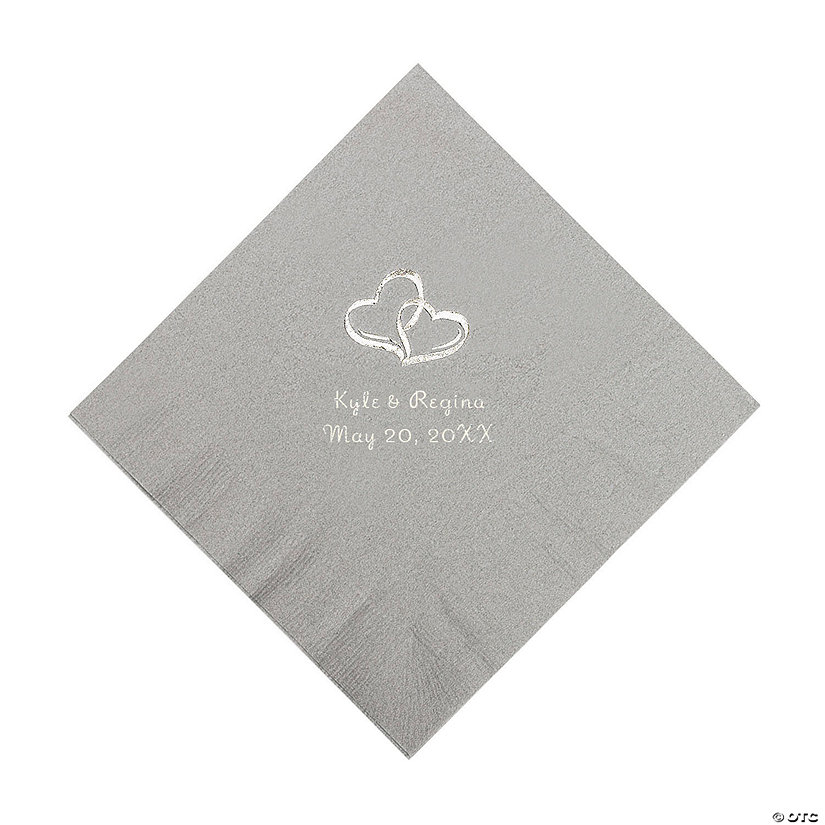 Silver Two Hearts Personalized Napkins with Silver Foil - Luncheon Image Thumbnail