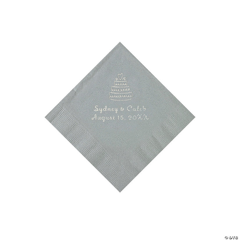 Silver Wedding Cake Personalized Napkins with Silver Foil - 50 Pc. Beverage Image