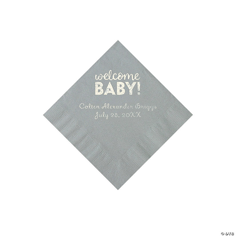 Silver Welcome Baby Personalized Napkins with Silver Foil - 50 Pc. Beverage Image