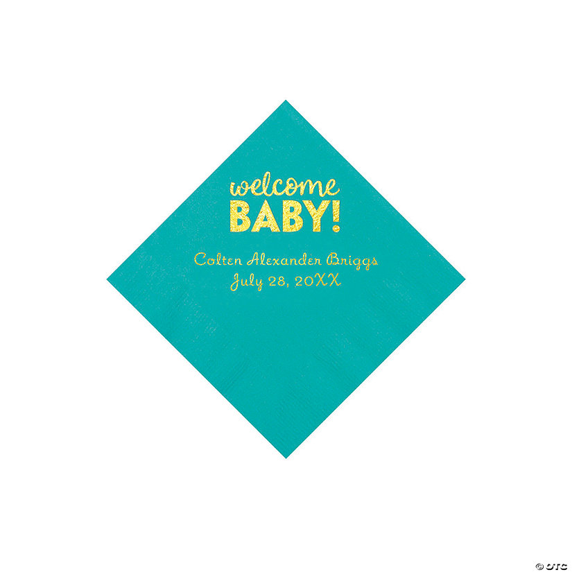 Teal Welcome Baby Personalized Napkins with Gold Foil - 50 Pc. Beverage Image Thumbnail