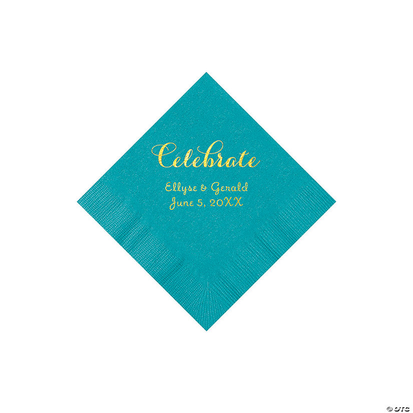 Turquoise Celebrate Personalized Napkins with Gold Foil - Beverage Image Thumbnail