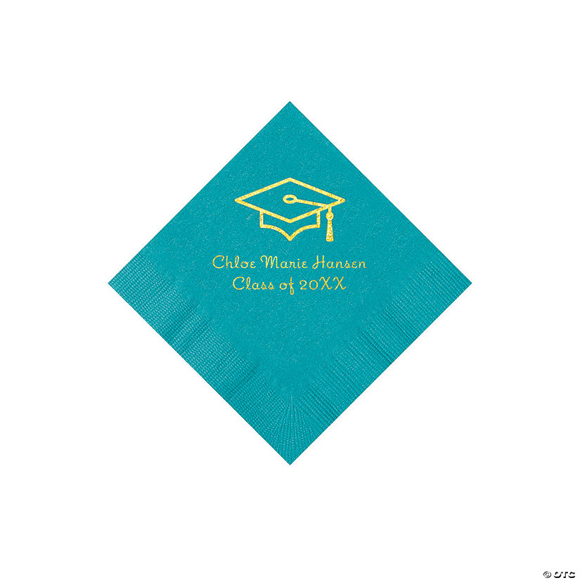 Turquoise Grad Mortarboard Personalized Napkins with Gold Foil - 50 Pc. Beverage Image Thumbnail