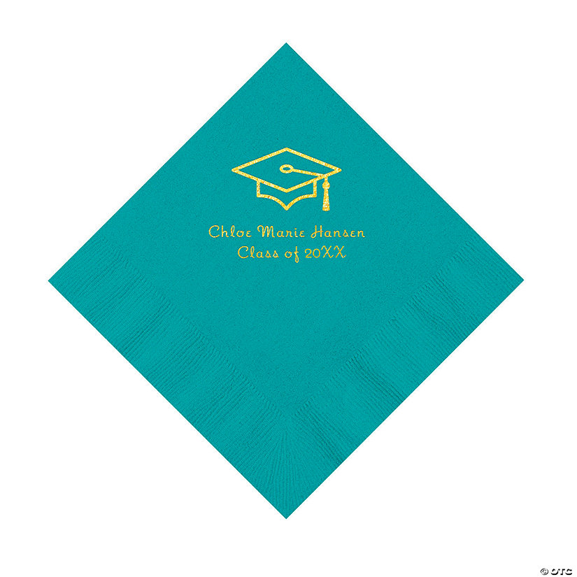 Turquoise Grad Mortarboard Personalized Napkins with Gold Foil - 50 Pc. Luncheon Image Thumbnail