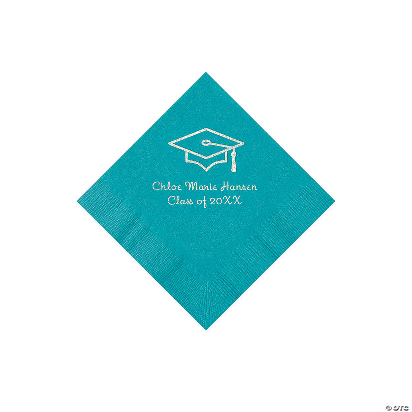 Turquoise Grad Mortarboard Personalized Napkins with Silver Foil - 50 Pc. Beverage Image Thumbnail