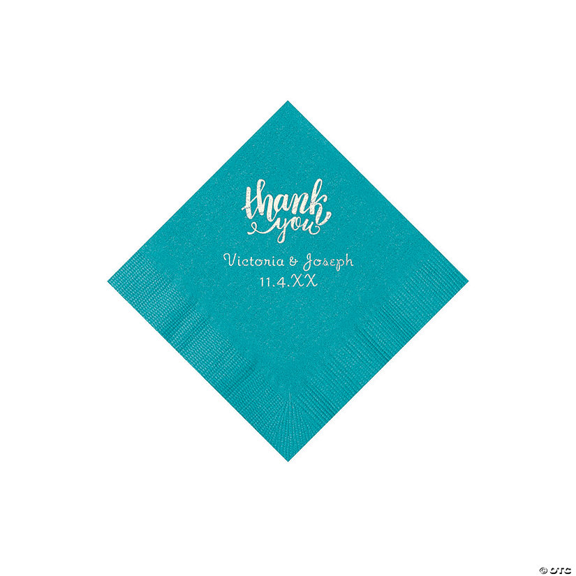 Turquoise Thank You Personalized Napkins with Silver Foil - Beverage Image Thumbnail