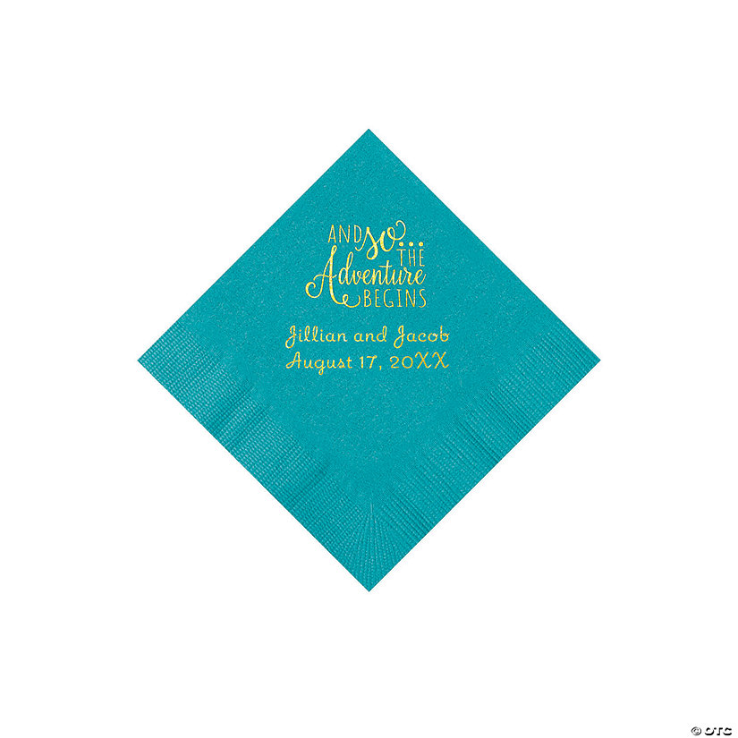 Turquoise The Adventure Begins Personalized Napkins with Gold Foil - Beverage Image Thumbnail
