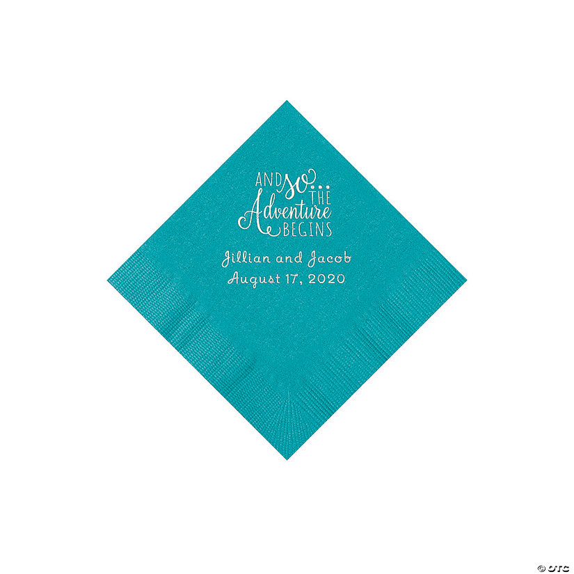 Turquoise The Adventure Begins Personalized Napkins with Silver Foil - Beverage Image Thumbnail