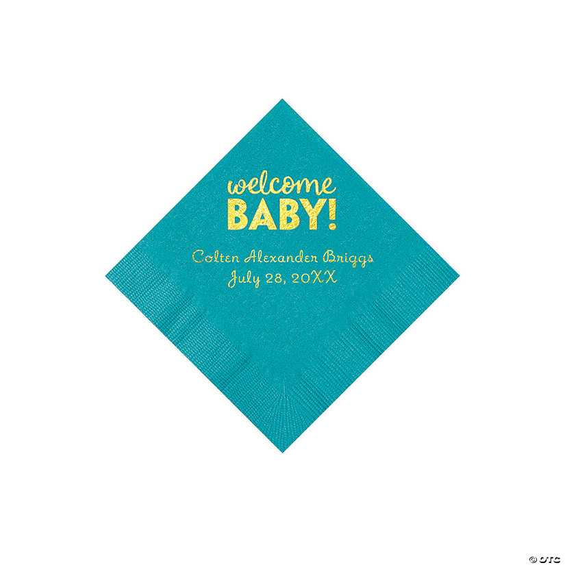 Turquoise Welcome Baby Personalized Napkins with Gold Foil - 50 Pc. Beverage Image Thumbnail
