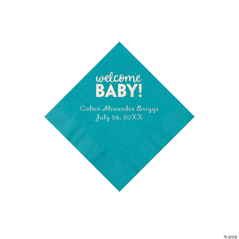 Turquoise Welcome Baby Personalized Napkins with Silver Foil - 50 Pc. Beverage Image Thumbnail