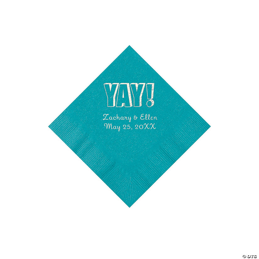 Turquoise Yay Personalized Napkins with Silver Foil - Beverage Image Thumbnail