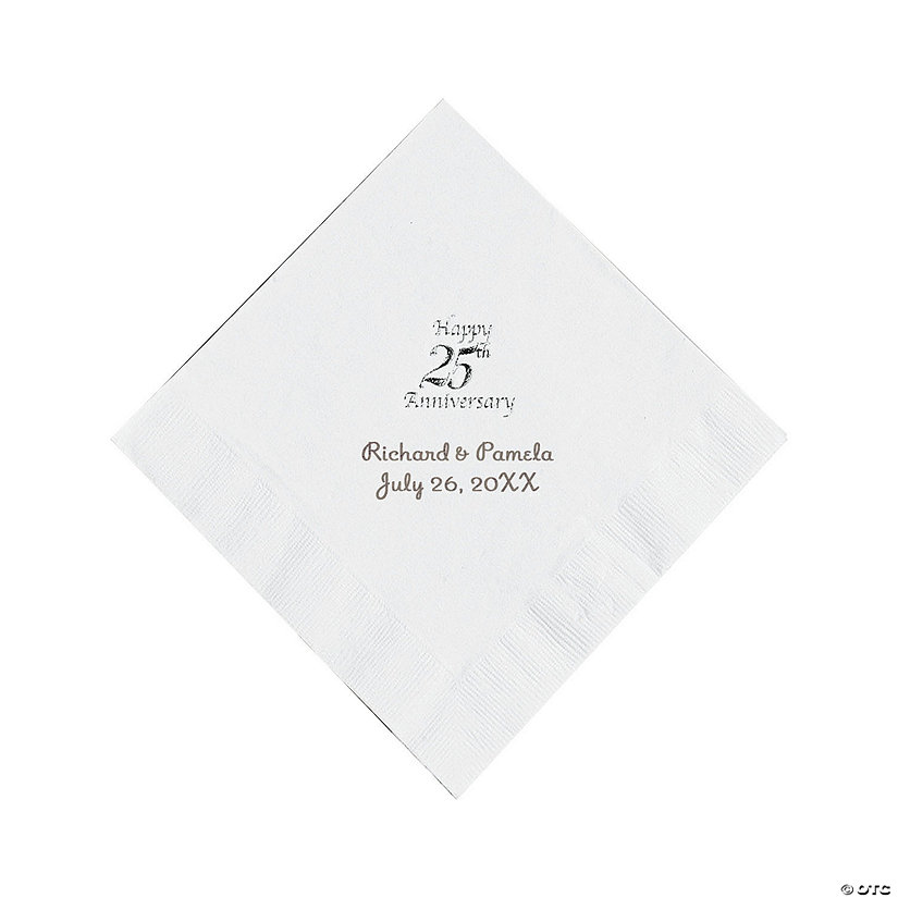 White 25th Anniversary Personalized Napkins with Silver Foil - Luncheon ...