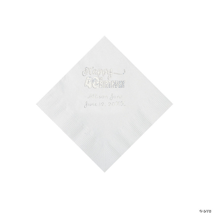 White 40th Birthday Personalized Napkins with Silver Foil - 50 Pc. Beverage Image Thumbnail