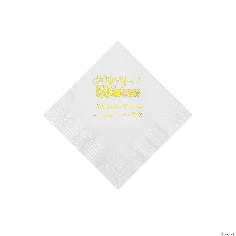 White 50th Birthday Personalized Napkins with Gold Foil - 50 Pc. Beverage Image Thumbnail